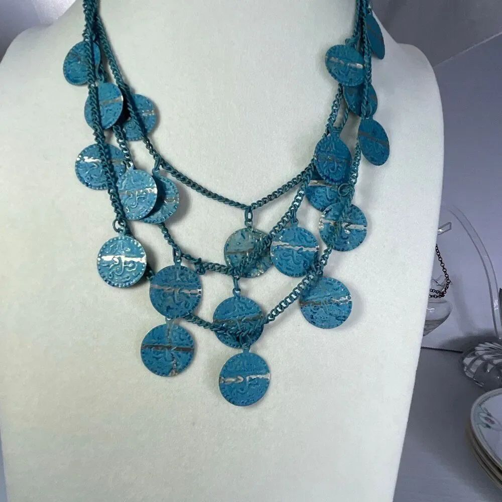 Boho 3 strand distressed metal coin necklace & long earrings